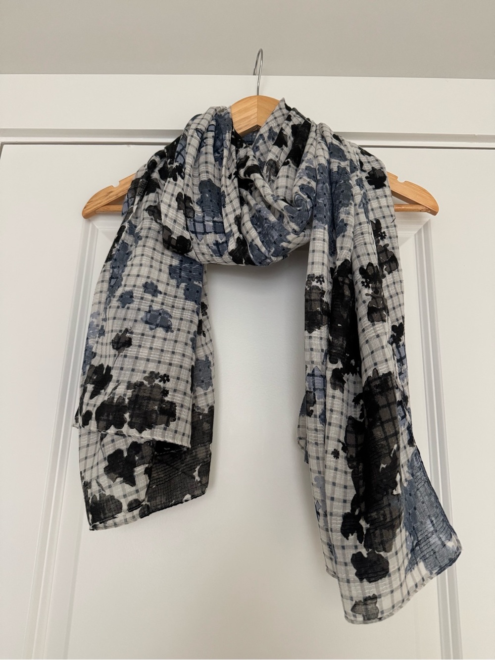 Melrose and Market Black Blue and Gray Floral Plaid Scarf
